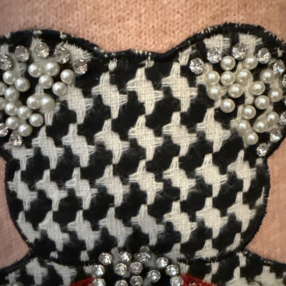 Women’s Boutique Large / XL Pink Teddy Bear Bow Sweater, Pearls, Gems, Bling NWT - Picture 7 of 11